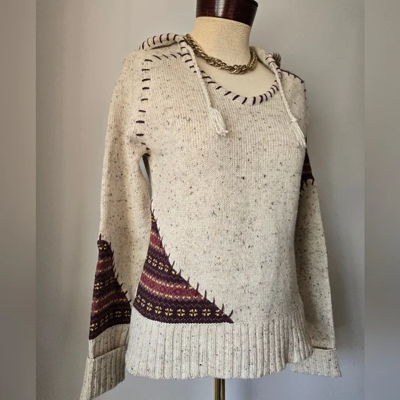 POWDER ROOM Knit Cream and Brown Patchwork Stitch Hooded Sweater. Size Large - Picture 2 of 11